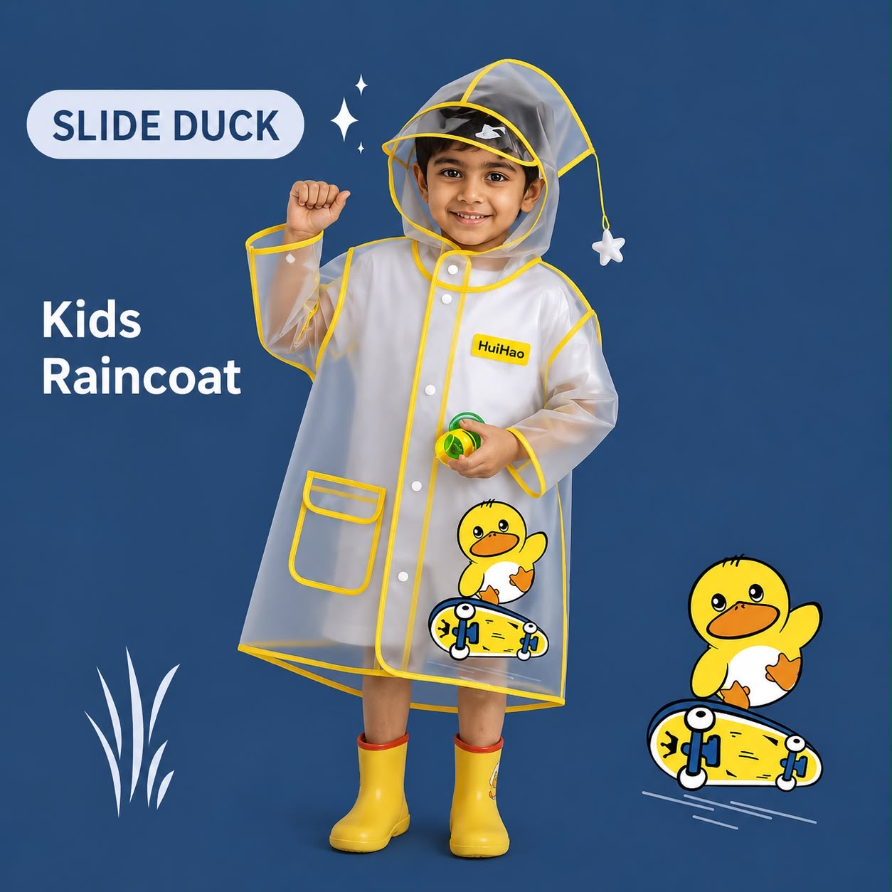 Kids Waterproof Cartoon Raincoat with Hood | Duck, Astronaut, Lavender & Pink Designs