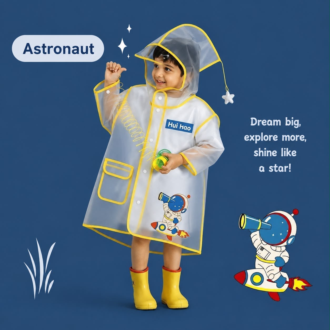 Kids Waterproof Cartoon Raincoat with Hood | Duck, Astronaut, Lavender & Pink Designs